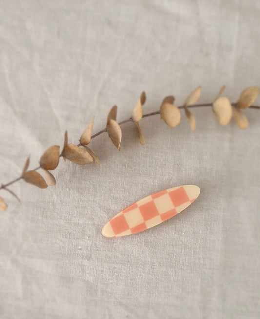 Alligator Hair Clip - Oval Check - Pink and White