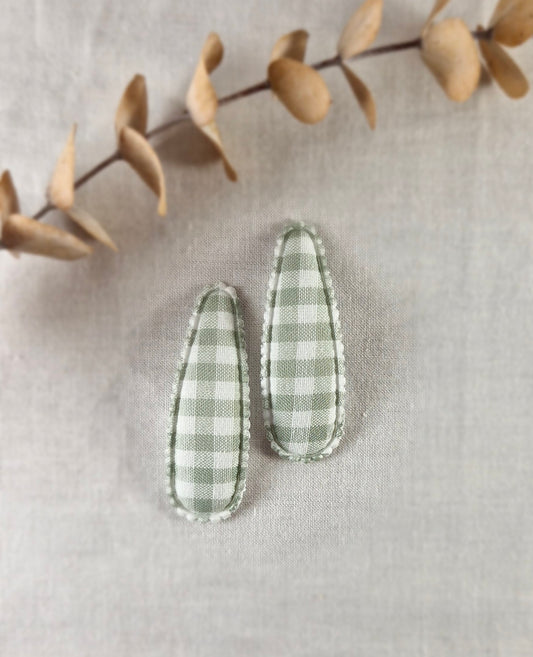 Snap Hair Clip - Padded Triangle - White and Sage Green Gingham