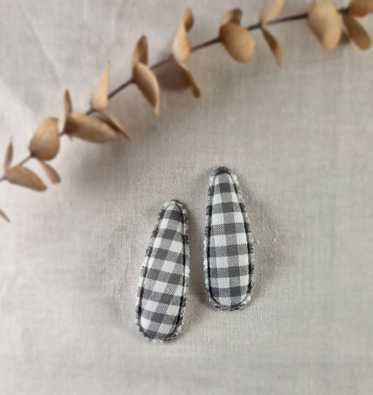 Snap Hair Clip - Padded Triangle - Grey and White gingham Linen