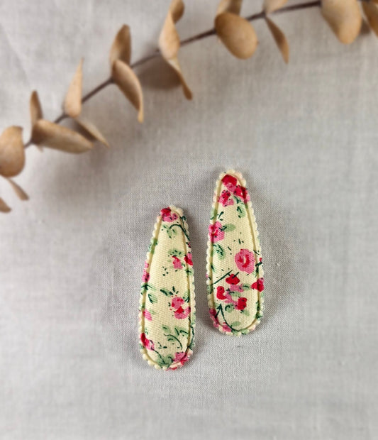 Snap Hair Clip - Padded Triangle - Cream with Pink Floral