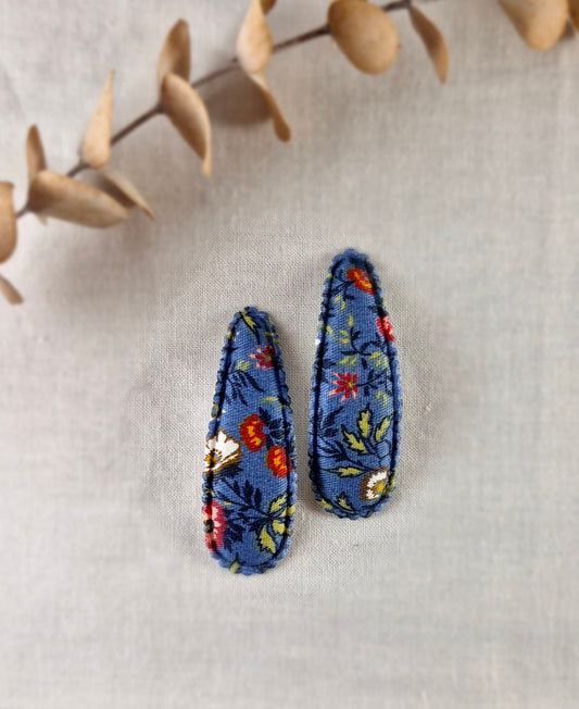 Snap Hair Clip - Padded Triangle - Denim Blue with Floral