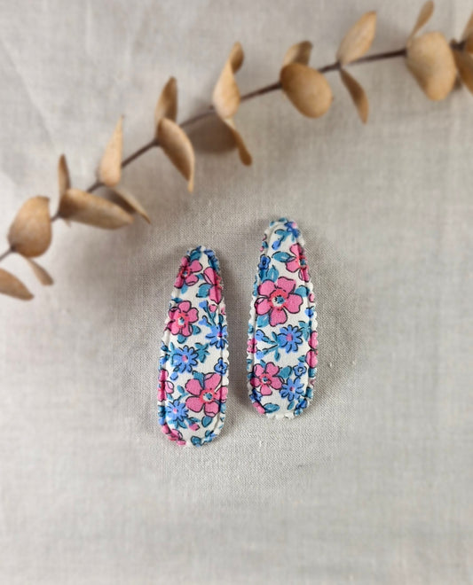 Snap Hair Clip - Padded Triangle - White with Pink and Blue Floral