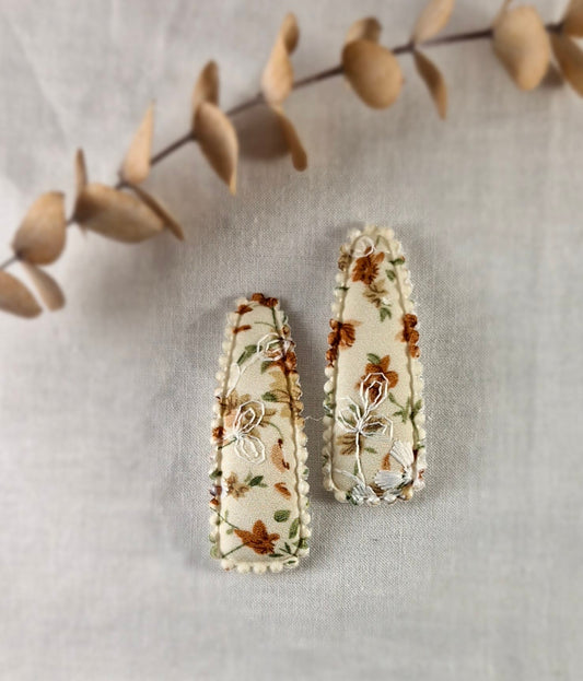 Snap Hair Clip - Padded Triangle - Cream with Tan and Brown Floral